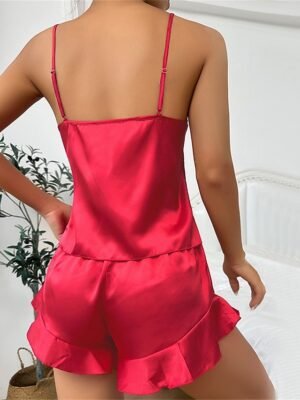 Fashion Casual V Wire Long Sleeve Pure Colour Satin Silk Pajama Set - Image 3