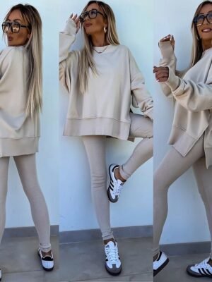 Fashion Comfort Crew Neck Long Sleeve Cotton Blend Hoodie Pant Set - Image 3