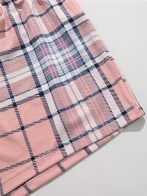 Fashion Comfort Heart Plaid Crew Neck Short Sleeve Shorts Pajama Set - Image 3