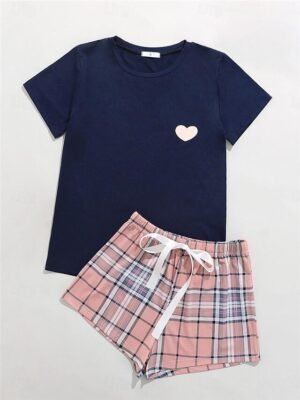 Fashion Comfort Heart Plaid Crew Neck Short Sleeve Shorts Pajama Set - Image 4