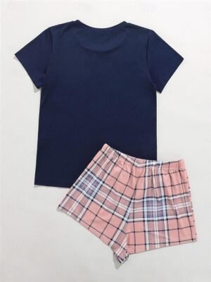 Fashion Comfort Heart Plaid Crew Neck Short Sleeve Shorts Pajama Set - Image 5
