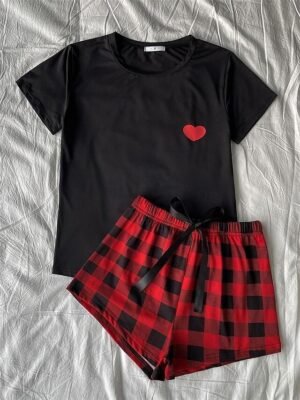 Fashion Comfort Heart Plaid Crew Neck Short Sleeve Shorts Pajama Set - Image 9