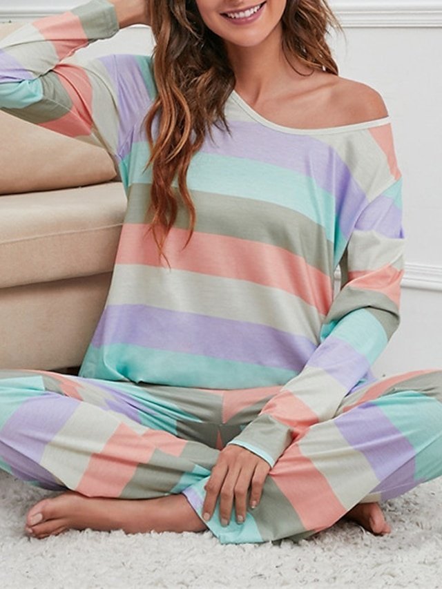 Fashion Comfort Loose Rainbow Stripe V Wire Long Sleeve T-Shirt Pant Pajama Set - Image 1