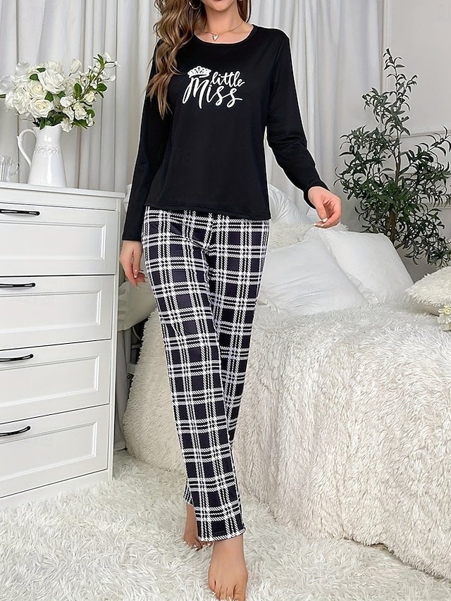 Fashion Comfort Plaid Crew Neck Long Sleeve Pajama Set - Image 1