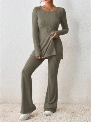 Fashion Comfort Pure Colour Crew Neck Long Sleeve Loungewear Set - Image 1