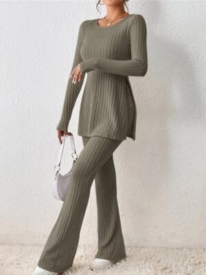 Fashion Comfort Pure Colour Crew Neck Long Sleeve Loungewear Set - Image 2