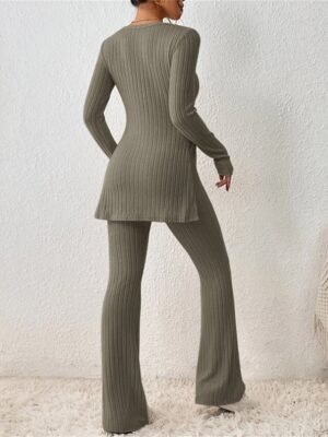 Fashion Comfort Pure Colour Crew Neck Long Sleeve Loungewear Set - Image 3
