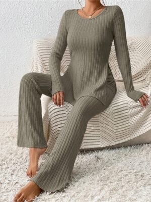 Fashion Comfort Pure Colour Crew Neck Long Sleeve Loungewear Set - Image 4