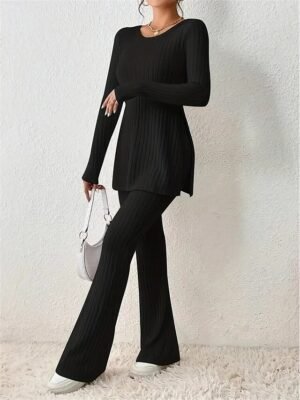 Fashion Comfort Pure Colour Crew Neck Long Sleeve Loungewear Set - Image 5