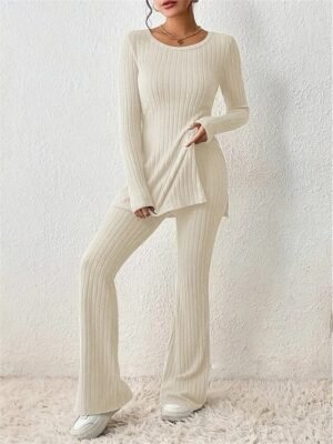 Fashion Comfort Pure Colour Crew Neck Long Sleeve Loungewear Set - Image 7