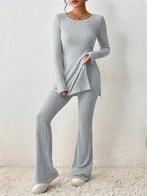 Fashion Comfort Pure Colour Crew Neck Long Sleeve Loungewear Set - Image 8