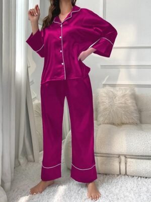 Fashion Comfort Pure Colour Lapel Long Sleeve Pajama Set - Image 23