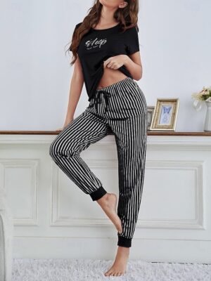 Fashion Comfort Stripe Crew Neck Short Sleeve Home Set - Image 2