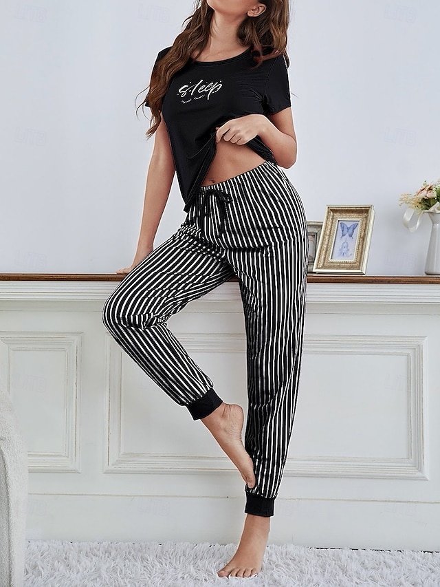 Fashion Comfort Stripe Crew Neck Short Sleeve Home Set - Image 2