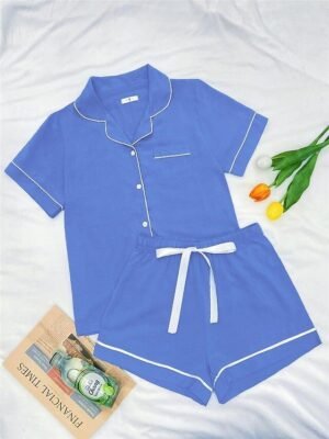 Fashion Comfortable Pure Colour Lapel Short Sleeve Summer Pajama Set - Image 32