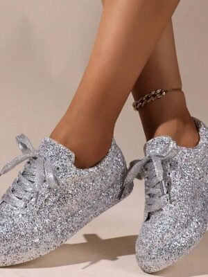 Fashion Comfortable Sparkly Round Toe Glitter Sneakers - Image 2