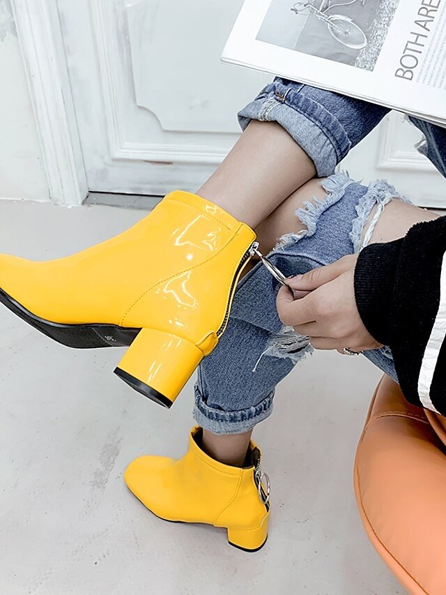 Fashion Glossy Yellow Block Heel Ankle Boots - Image 2