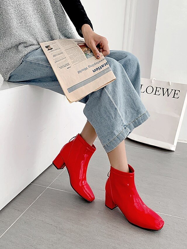 Fashion Glossy Yellow Block Heel Ankle Boots - Image 4