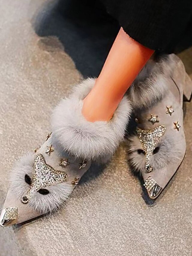 Fashion Grey Fur-Trimmed Rhinestone Pointed-Toe Ankle Boots - Image 1