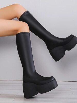Fashion Knee-High Black Platform Chunky Heel Boots - Image 3
