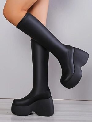 Fashion Knee-High Black Platform Chunky Heel Boots - Image 4