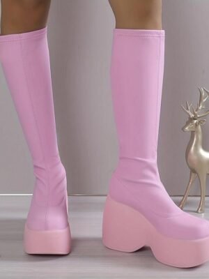 Fashion Knee-High Black Platform Chunky Heel Boots - Image 5