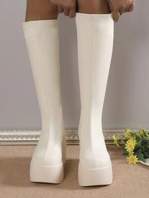 Fashion Knee-High Black Platform Chunky Heel Boots - Image 6