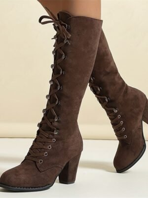 Fashion Knee-High Lace-Up Block Heel Boots - Image 13