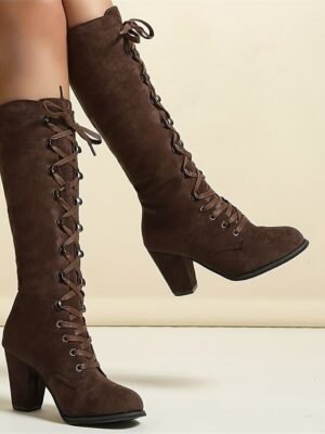 Fashion Knee-High Lace-Up Block Heel Boots - Image 14