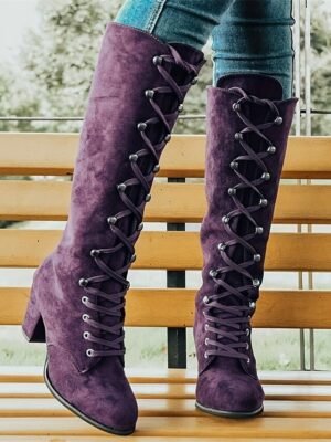 Fashion Knee-High Lace-Up Block Heel Boots - Image 16
