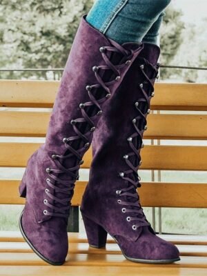 Fashion Knee-High Lace-Up Block Heel Boots - Image 17