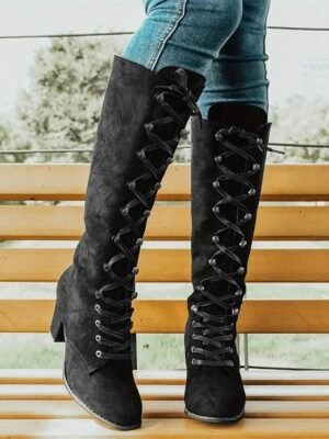 Fashion Knee-High Lace-Up Block Heel Boots - Image 9