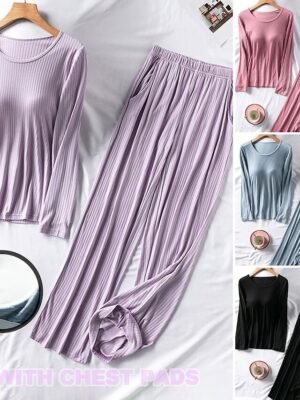 Fashion Loose Pure Colour Crew Neck Long Sleeve Loungewear Set - Image 1