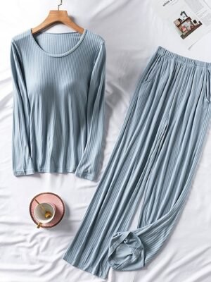 Fashion Loose Pure Colour Crew Neck Long Sleeve Loungewear Set - Image 2