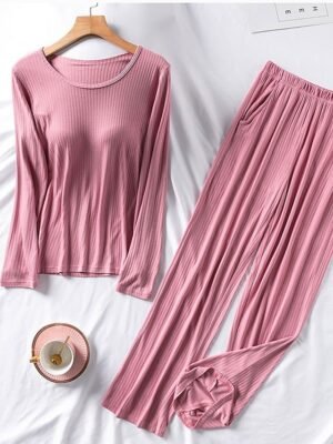Fashion Loose Pure Colour Crew Neck Long Sleeve Loungewear Set - Image 8