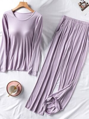 Fashion Loose Pure Colour Crew Neck Long Sleeve Loungewear Set - Image 9