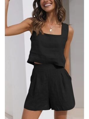 Fashion Loose Pure Colour Square Neck Sleeveless Strap Top Shorts Loungewear Set - Image 14