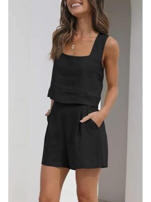 Fashion Loose Pure Colour Square Neck Sleeveless Strap Top Shorts Loungewear Set - Image 15