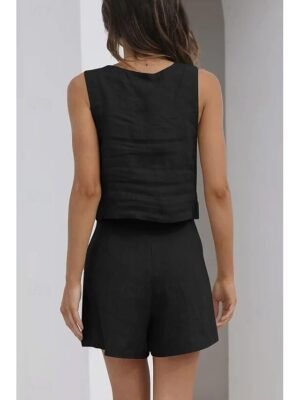 Fashion Loose Pure Colour Square Neck Sleeveless Strap Top Shorts Loungewear Set - Image 16