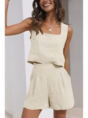 Fashion Loose Pure Colour Square Neck Sleeveless Strap Top Shorts Loungewear Set - Image 19
