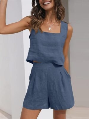 Fashion Loose Pure Colour Square Neck Sleeveless Strap Top Shorts Loungewear Set - Image 2