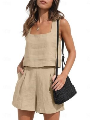 Fashion Loose Pure Colour Square Neck Sleeveless Strap Top Shorts Loungewear Set - Image 31