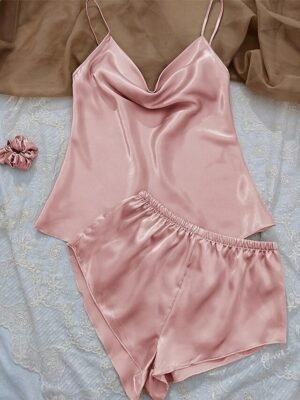 Fashion Loose Pure Sleeveless Straps Backless Short Pajama Set - Image 2