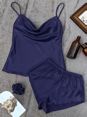Fashion Loose Pure Sleeveless Straps Backless Short Pajama Set - Image 6