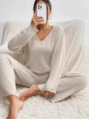 Fashion Loose Pure V Wire Long Sleeve Elastic Waist Pajama Set - Image 7
