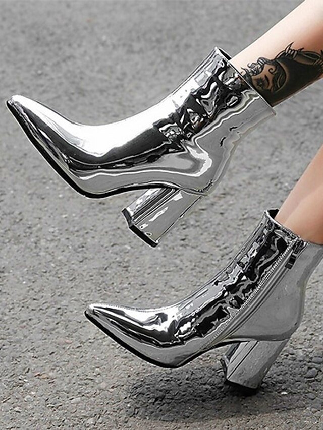 Fashion Silver Metallic Faux Fur Ankle Pointed Toe Short Boots - Image 1