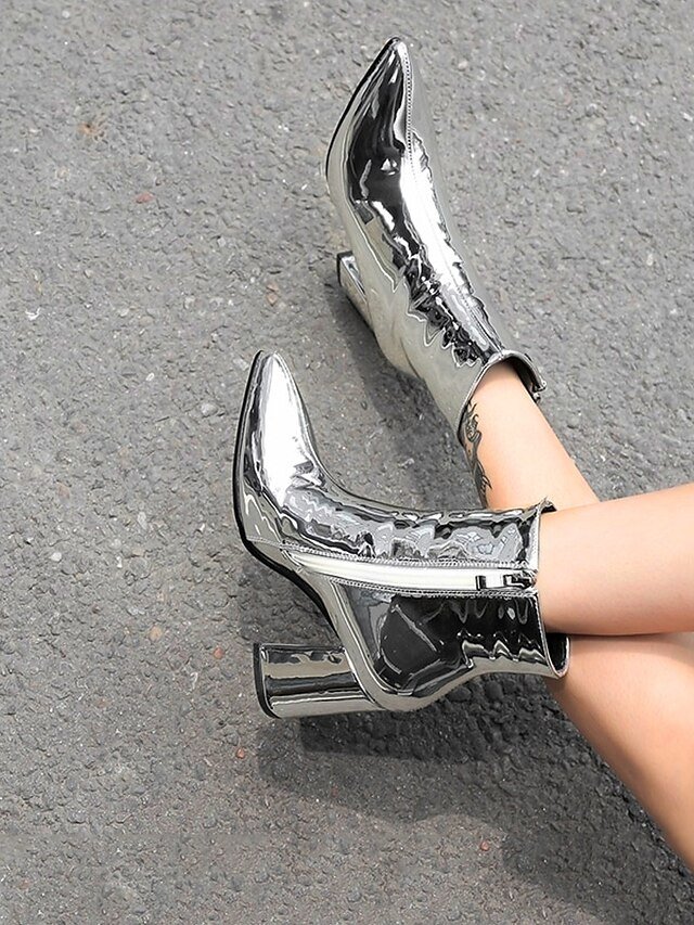 Fashion Silver Metallic Faux Fur Ankle Pointed Toe Short Boots - Image 2