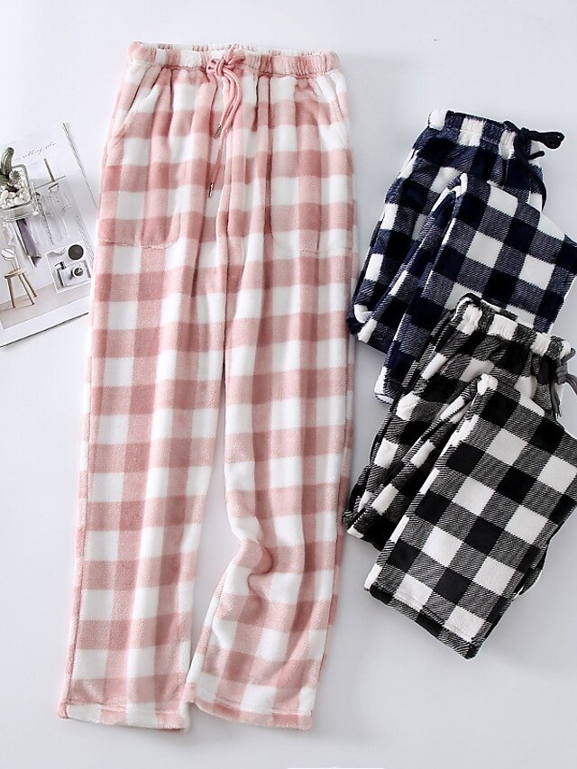 Fashion Simple Grid Elastic Waist Long Flannel Pajama Pants - Image 1