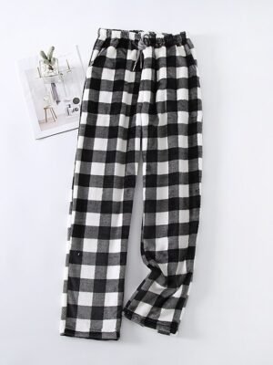 Fashion Simple Grid Elastic Waist Long Flannel Pajama Pants - Image 15