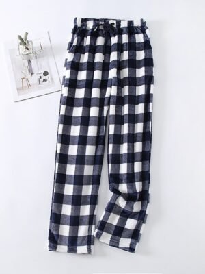 Fashion Simple Grid Elastic Waist Long Flannel Pajama Pants - Image 17